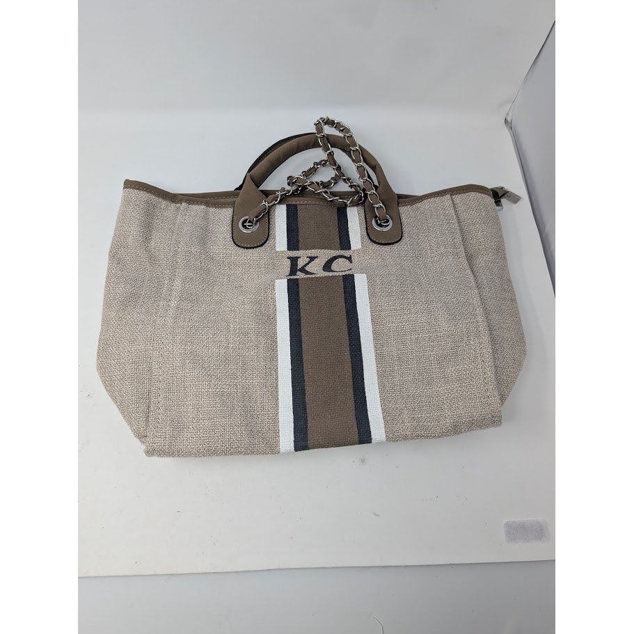 Lily & Bean London Canvas Tote Bag Monogram Kc Striped Chain Handle Beige — image 2 of 6